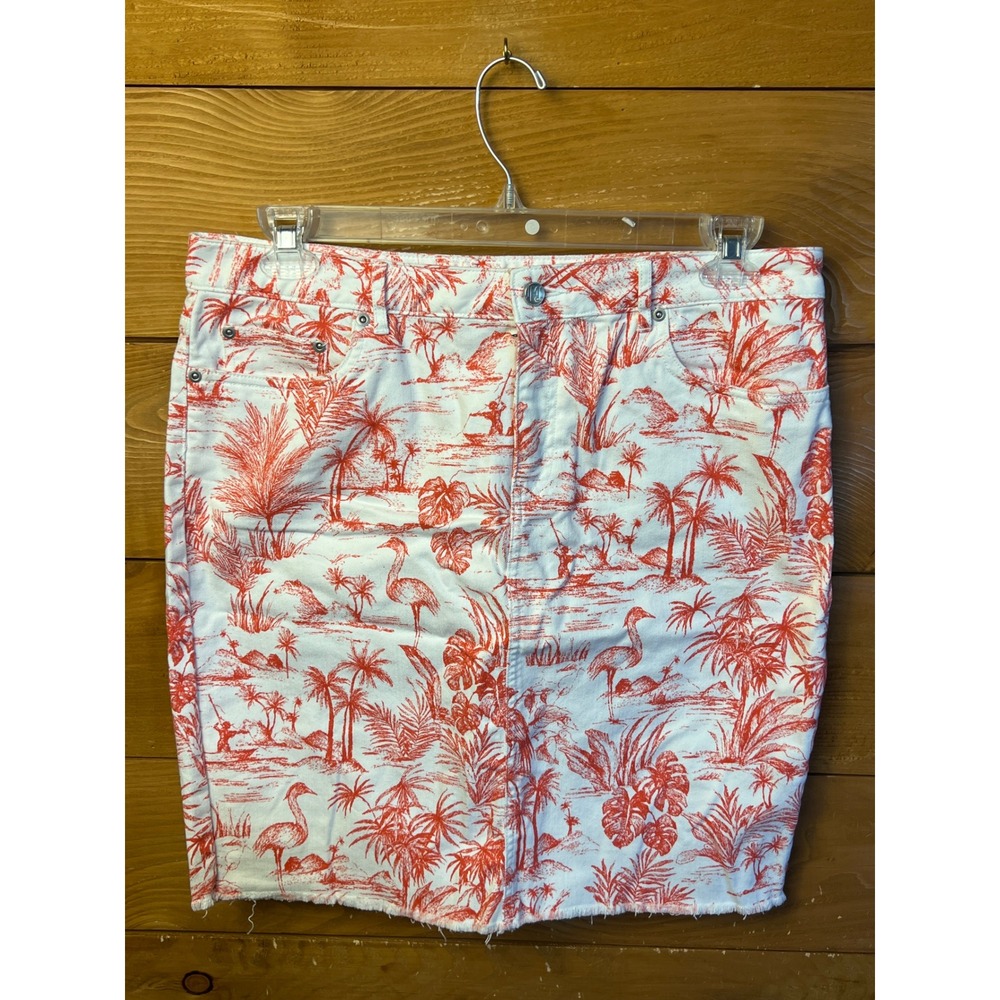 J. McLaughlin Island Palm Heron Skirt 12 Red White Tropical Print Cotton Blend